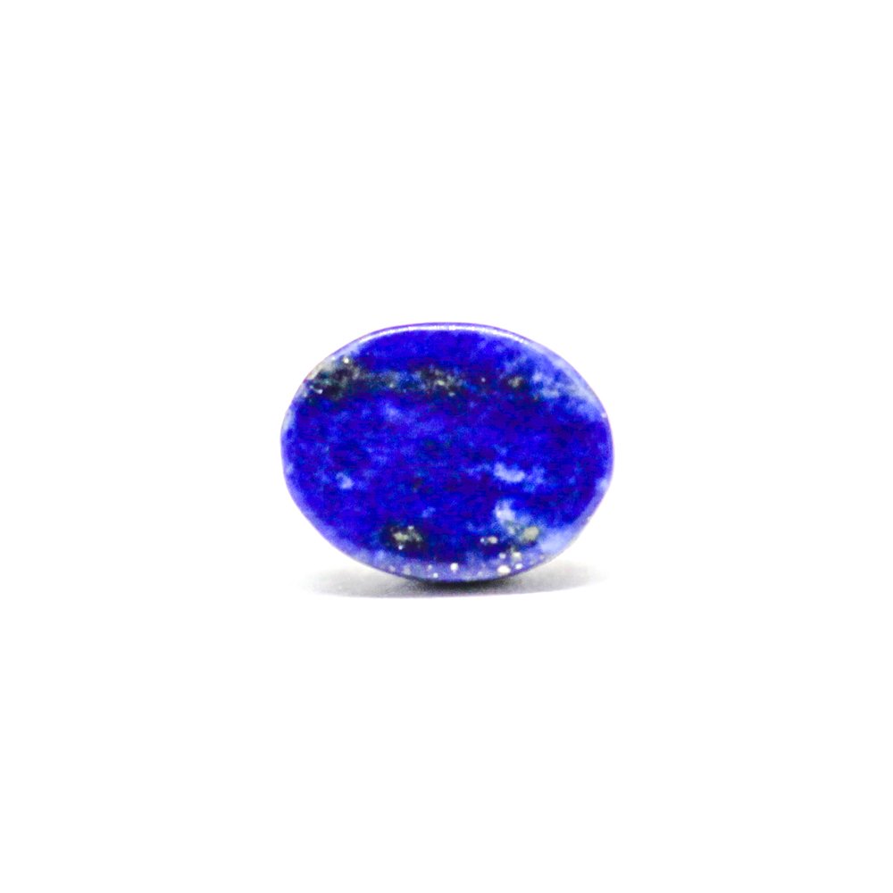 A close-up of a Natural Lapis Lazuli gemstone featuring deep blue hues with golden pyrite inclusions.