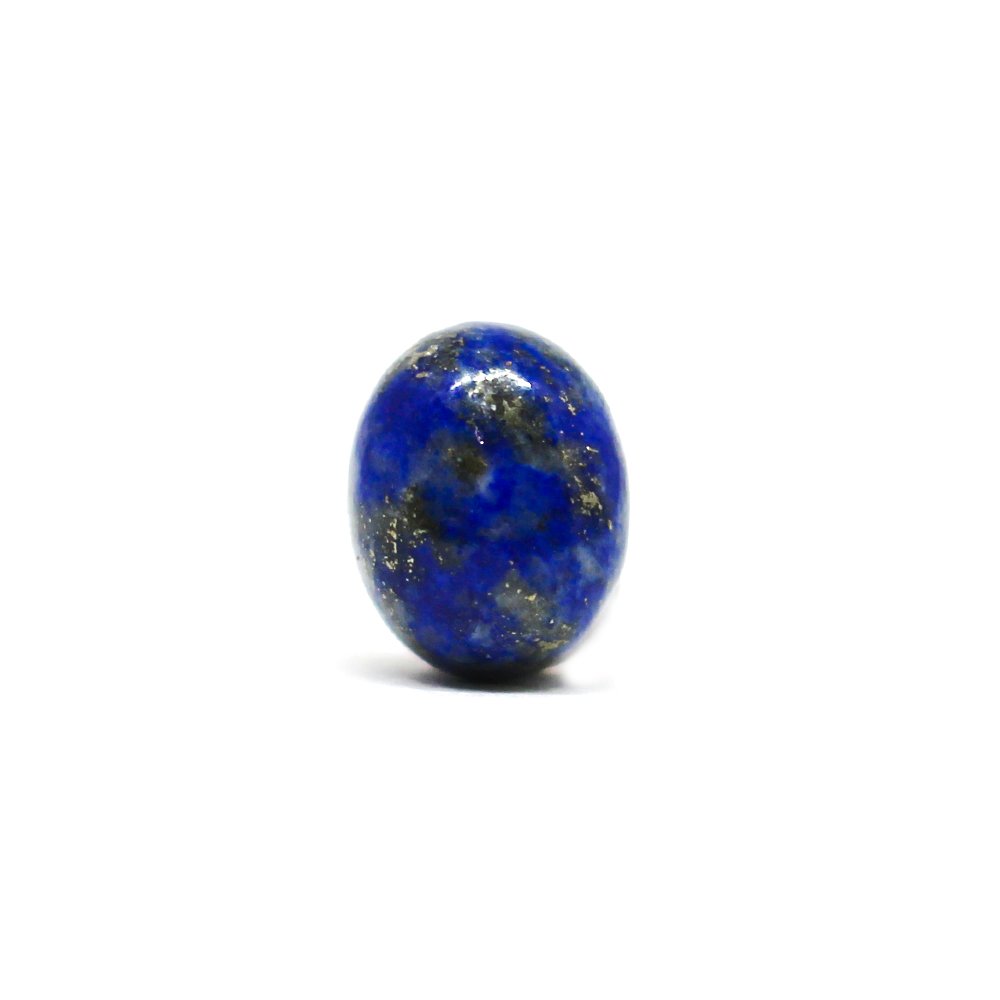 A close-up of a Natural Lapis Lazuli gemstone featuring deep blue hues with golden pyrite inclusions.