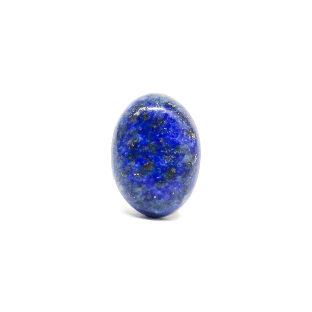 A close-up of a Natural Lapis Lazuli gemstone featuring deep blue hues with golden pyrite inclusions.