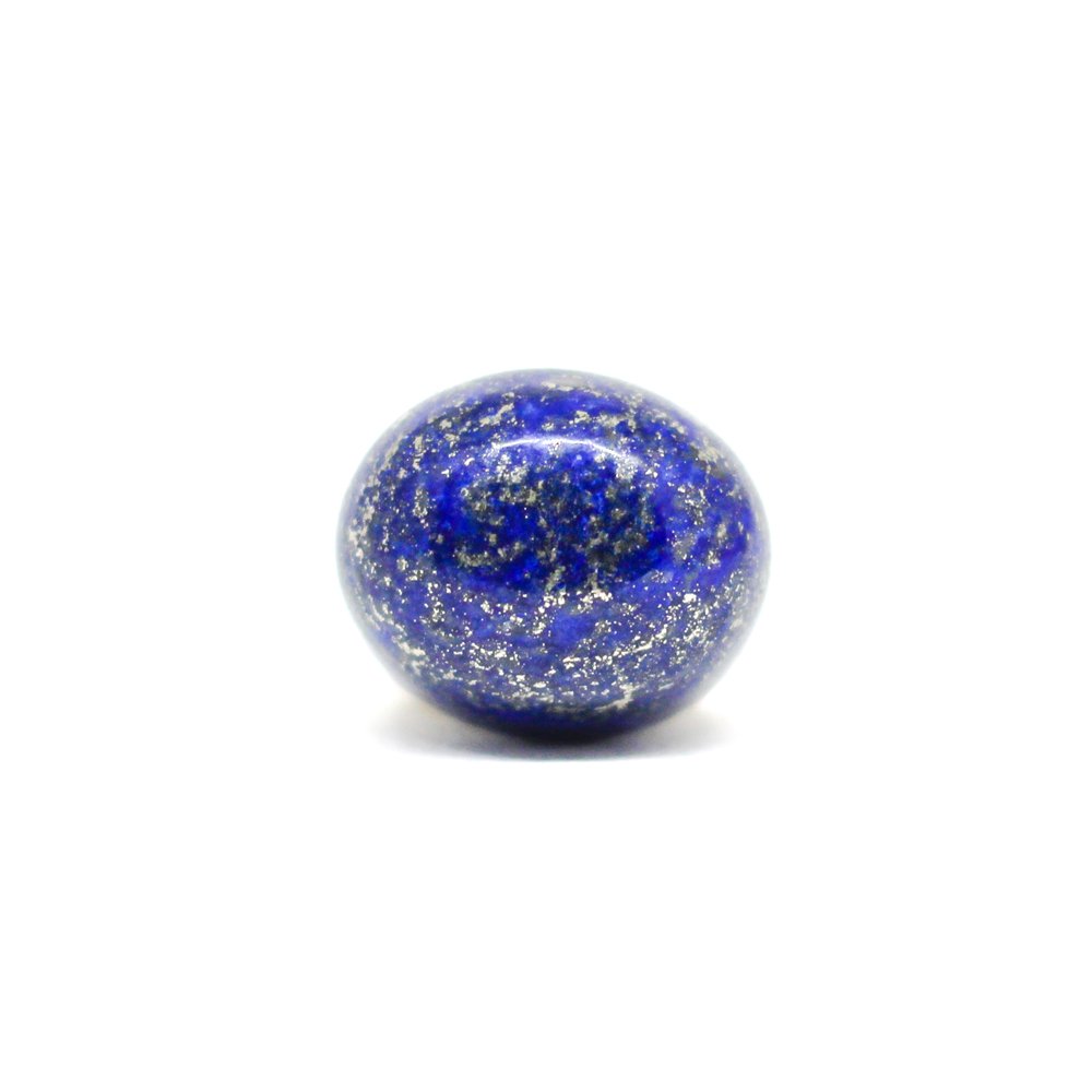 A close-up of a Natural Lapis Lazuli gemstone featuring deep blue hues with golden pyrite inclusions.