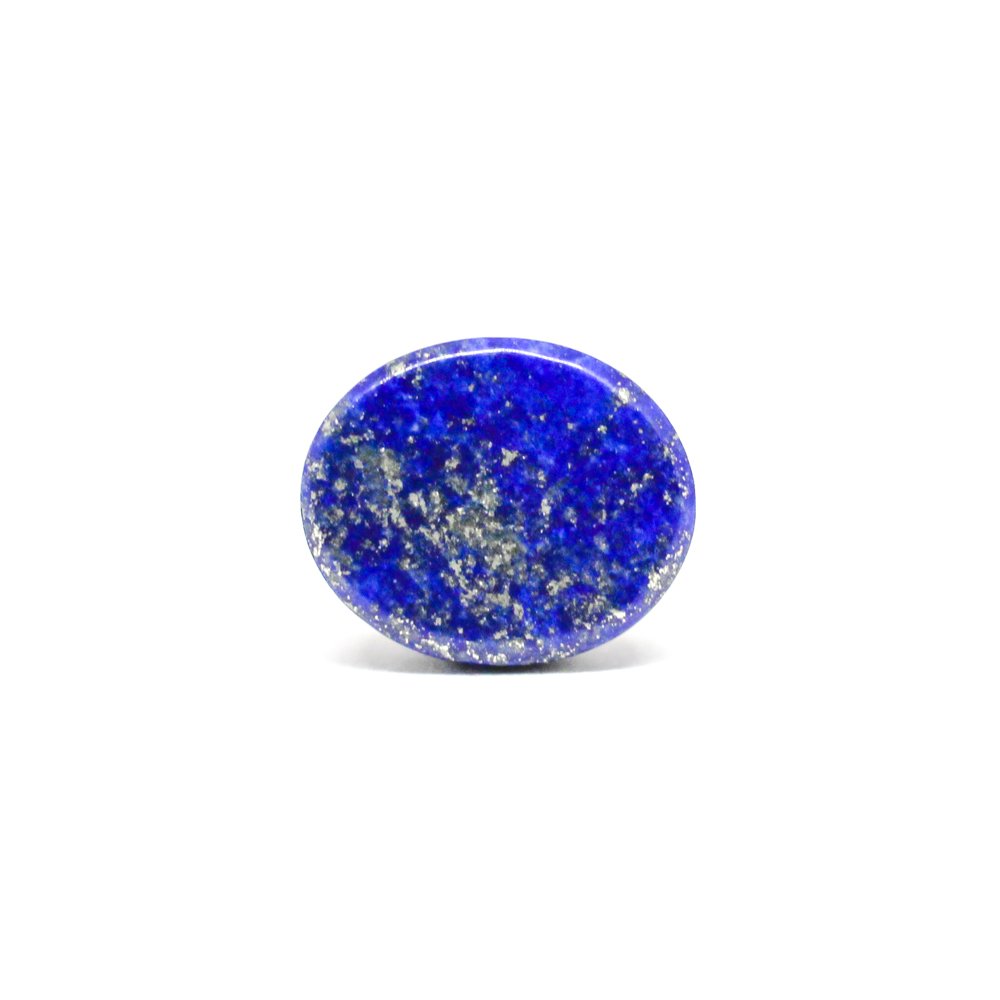 A close-up of a Natural Lapis Lazuli gemstone featuring deep blue hues with golden pyrite inclusions.
