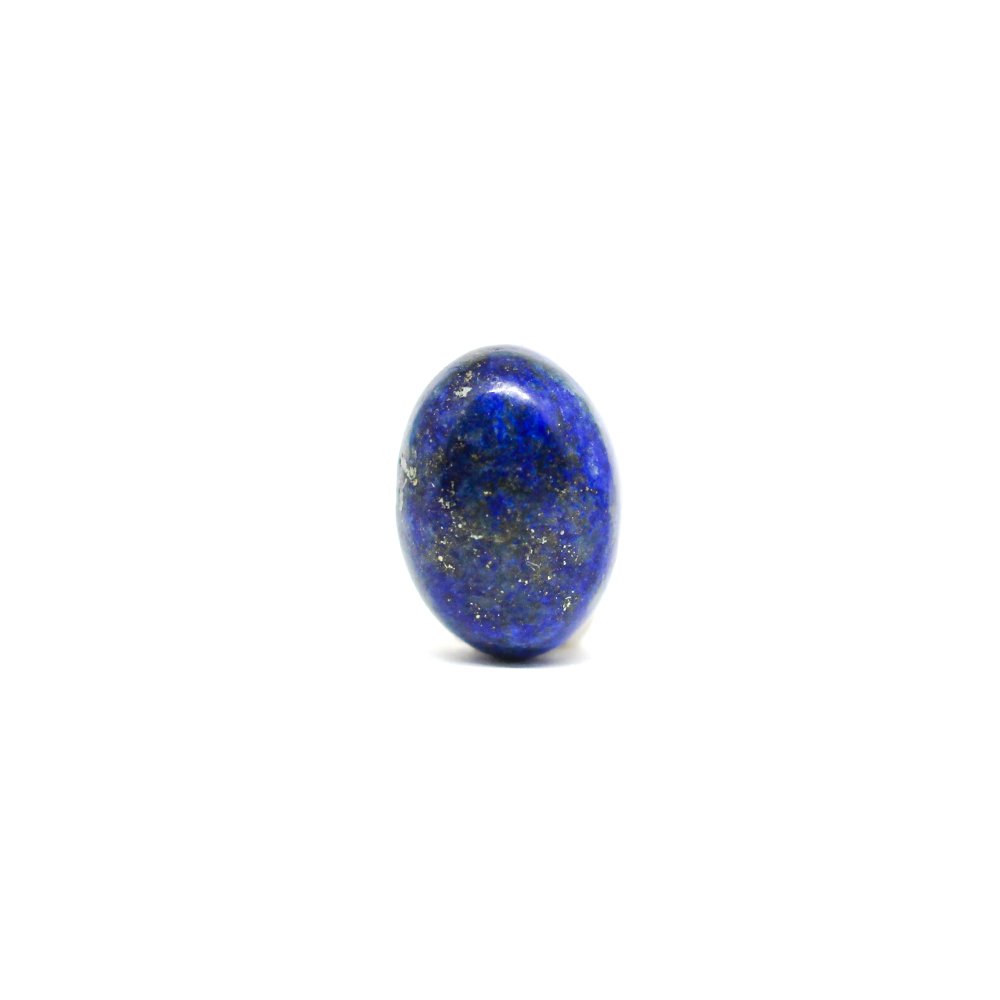 A close-up of a Natural Lapis Lazuli gemstone featuring deep blue hues with golden pyrite inclusions.