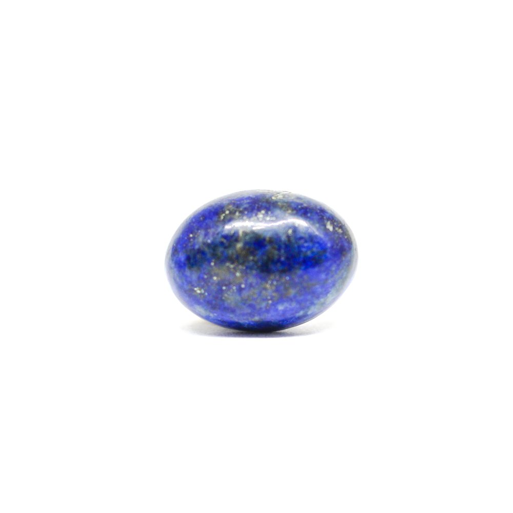 A close-up of a Natural Lapis Lazuli gemstone featuring deep blue hues with golden pyrite inclusions.