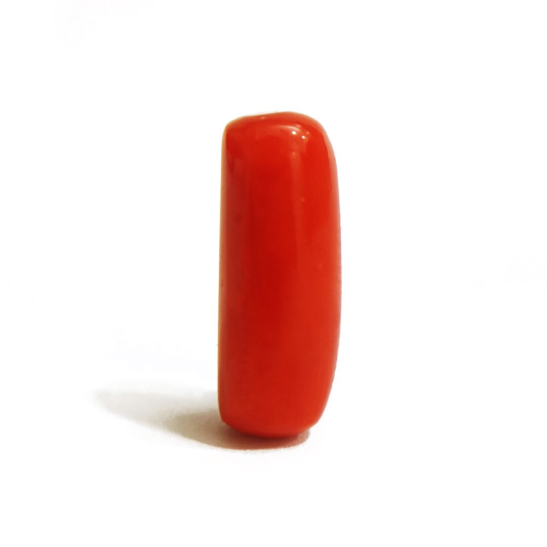 A close-up of a Natural Italian Red Coral gemstone featuring its deep red hue and smooth texture.