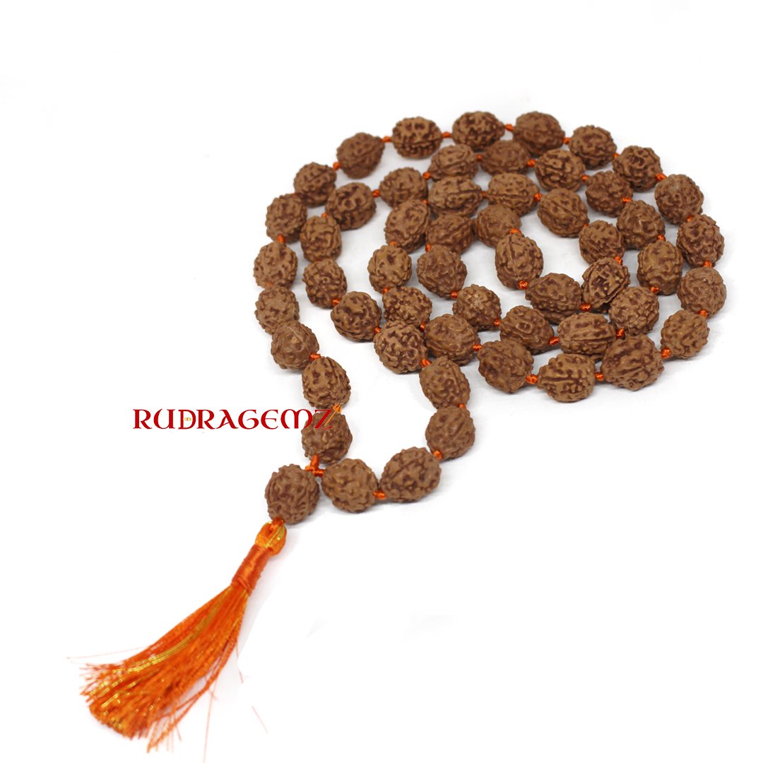 "4 Mukhi Rudraksha Mala from Indonesia – A sacred mala symbolizing wisdom, learning, and creative expression."