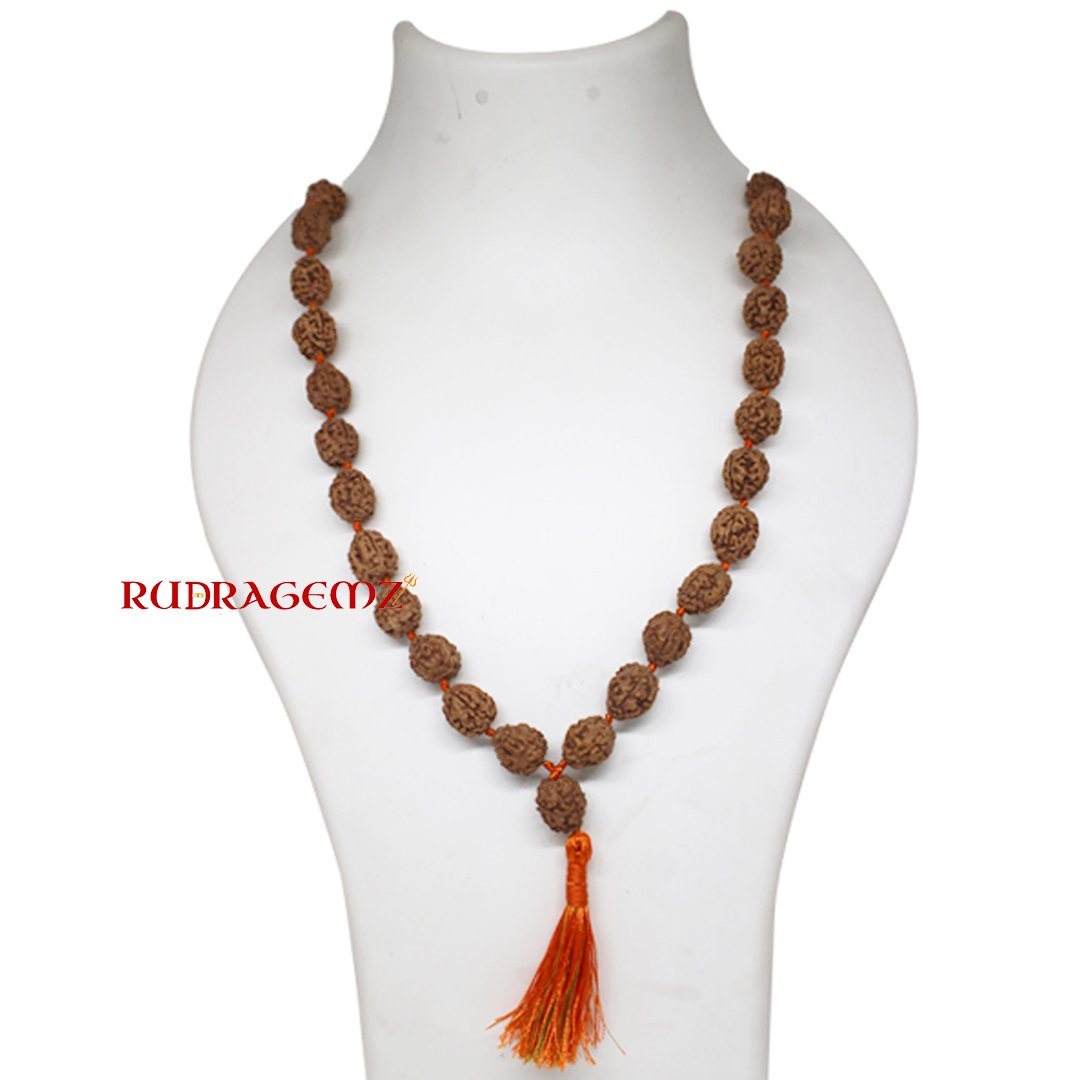 "4 Mukhi Rudraksha Mala from Indonesia – A sacred mala symbolizing wisdom, learning, and creative expression."