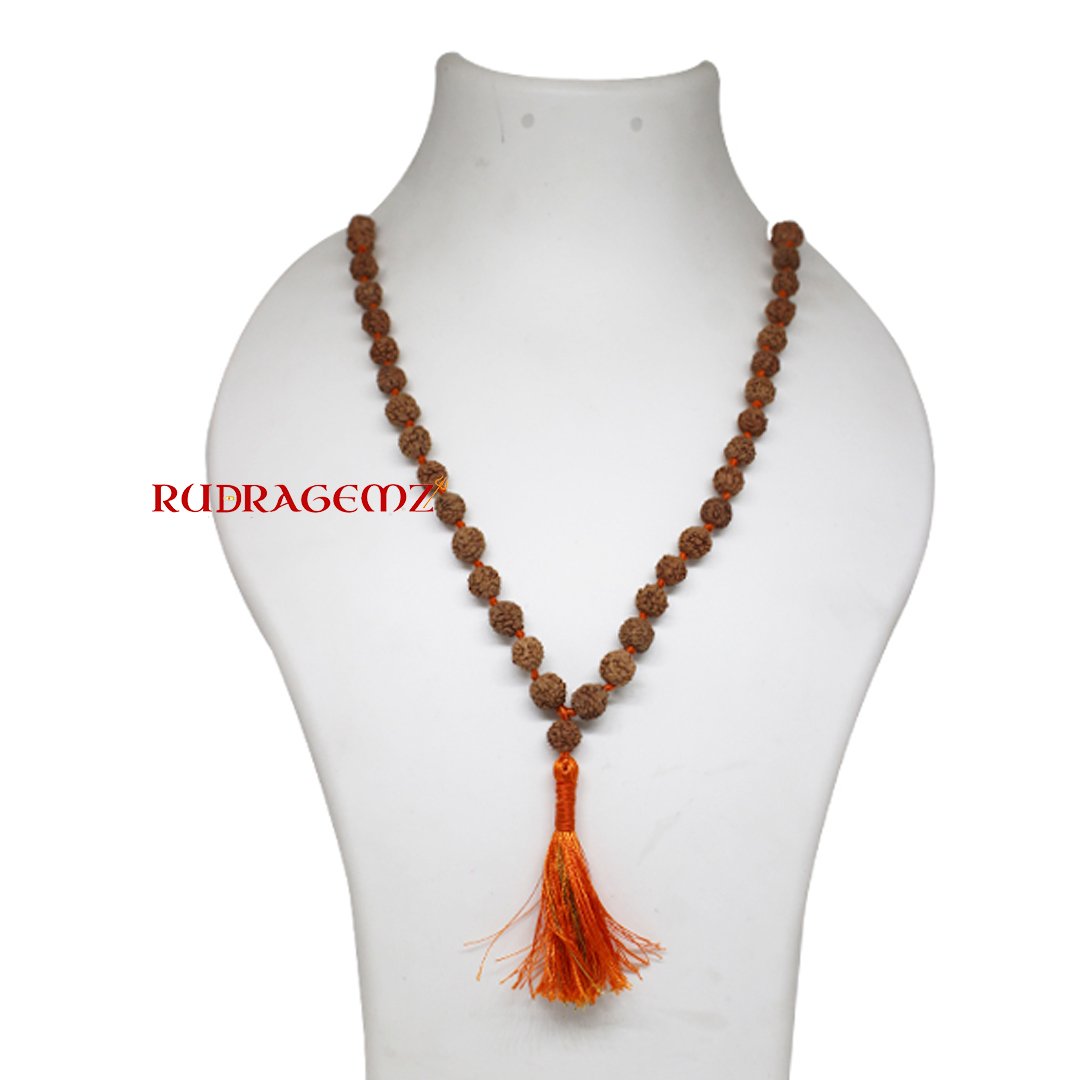 "5 Mukhi Rudraksha Mala from Indonesia – A sacred mala symbolizing wisdom, peace, and spiritual protection."